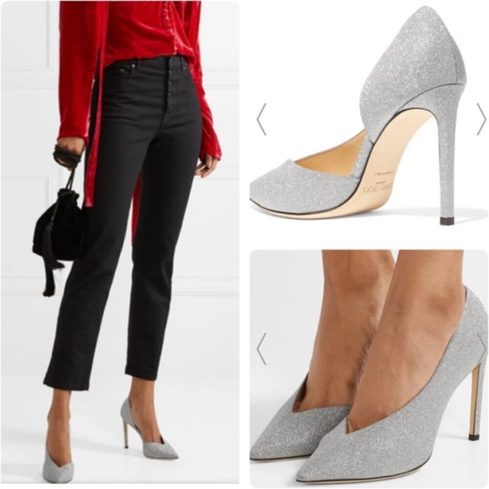 Jimmy Choo Sophia 100 Sparkling Fine Glitter Pump Heels Silver Size 37 / 7